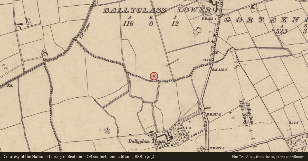 Ordnance Survey six-inch map, 2nd edition (1888–1915) covering the location of Barrow - ring-barrow, Ballyglass Lower (Clonpet Par.), County Tipperary South, with a pin at the register's coordinates