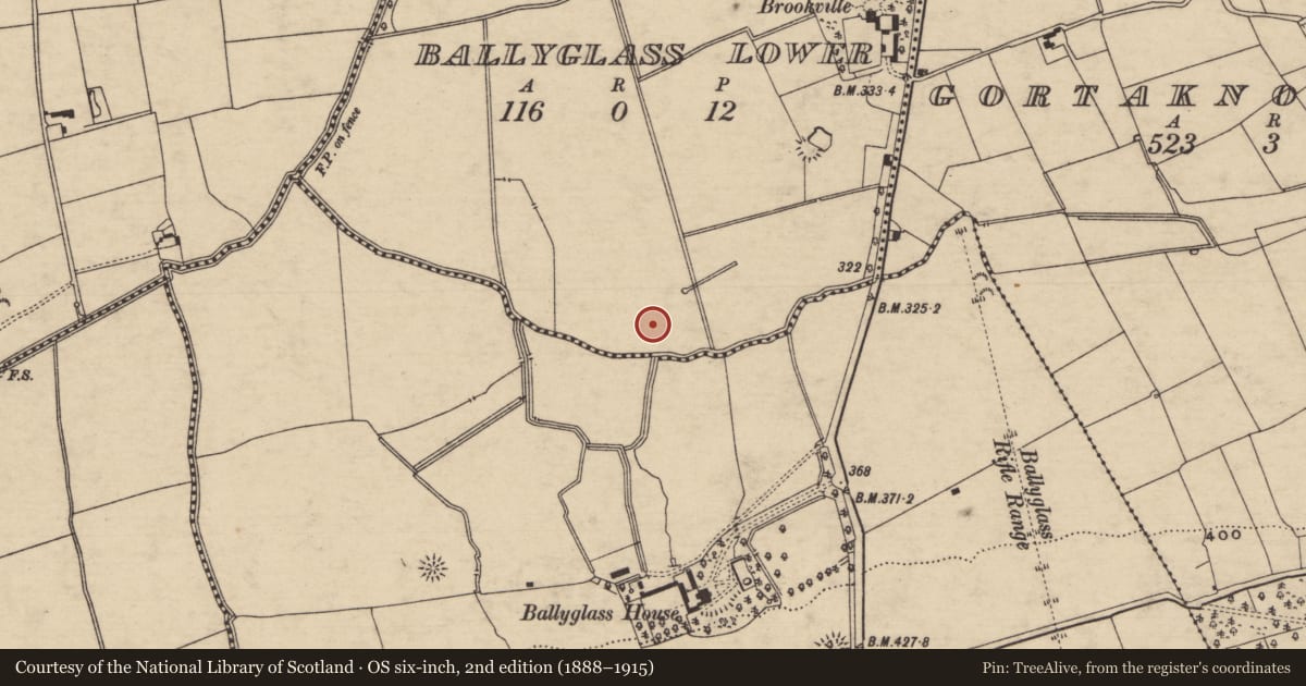 Ordnance Survey six-inch map, 2nd edition (1888–1915) covering the location of Earthwork, Ballyglass Lower (Clonpet Par.), County Tipperary South, with a pin at the register's coordinates