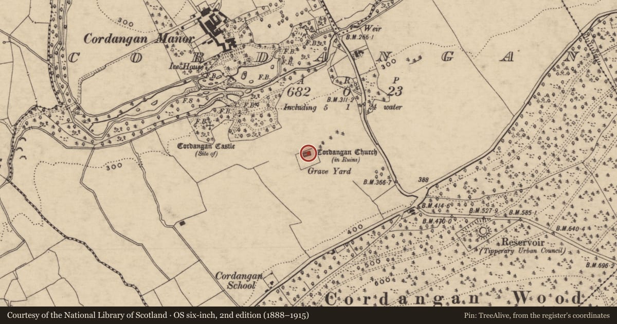 Ordnance Survey six-inch map, 2nd edition (1888–1915) covering the location of Church, Cordangan, County Tipperary South, with a pin at the register's coordinates