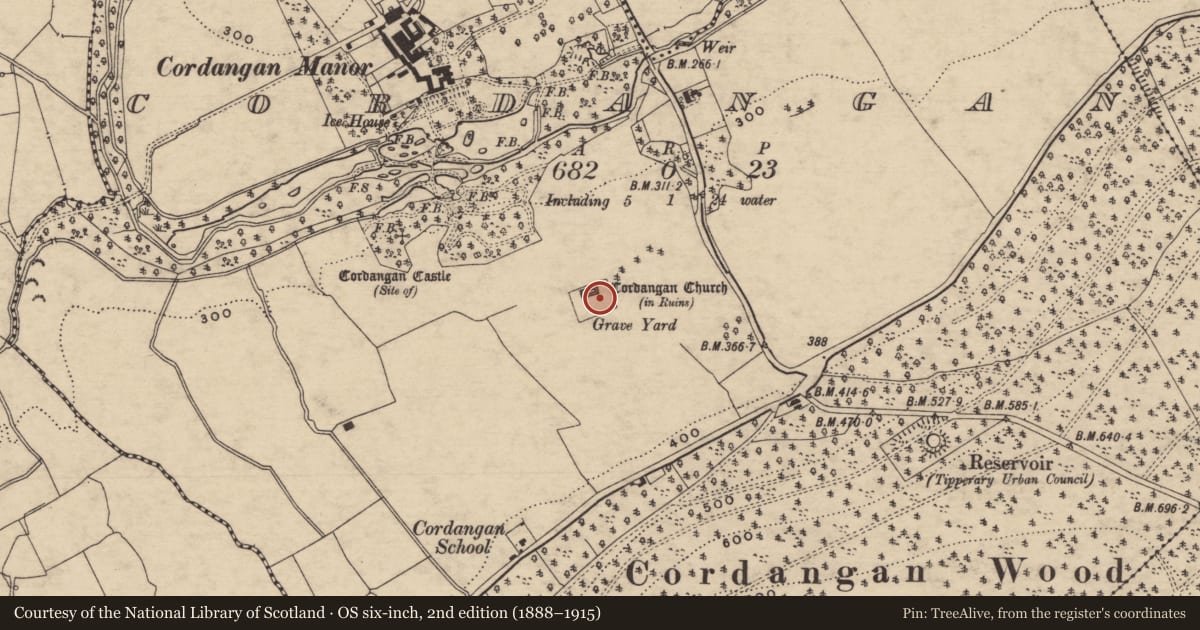 Ordnance Survey six-inch map, 2nd edition (1888–1915) covering the location of Graveyard, Cordangan, County Tipperary South, with a pin at the register's coordinates