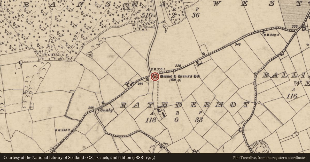 Ordnance Survey six-inch map, 2nd edition (1888–1915) covering the location of Boulder-burial, Rathdermot, County Tipperary South, with a pin at the register's coordinates
