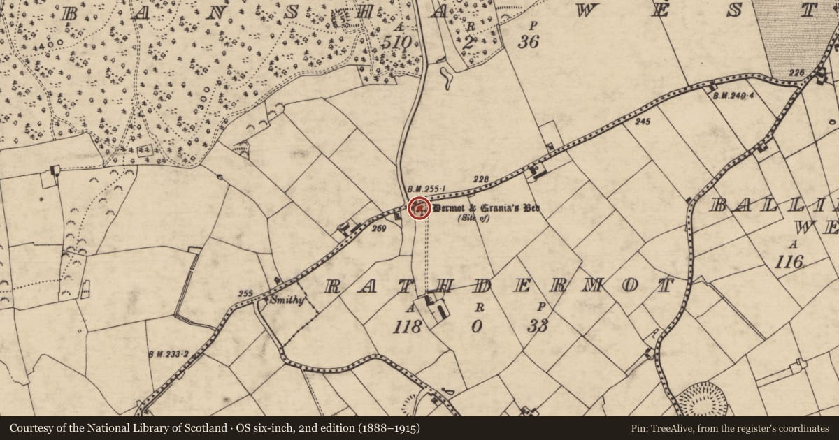Ordnance Survey six-inch map, 2nd edition (1888–1915) covering the location of Boulder-burial, Rathdermot, County Tipperary South, with a pin at the register's coordinates