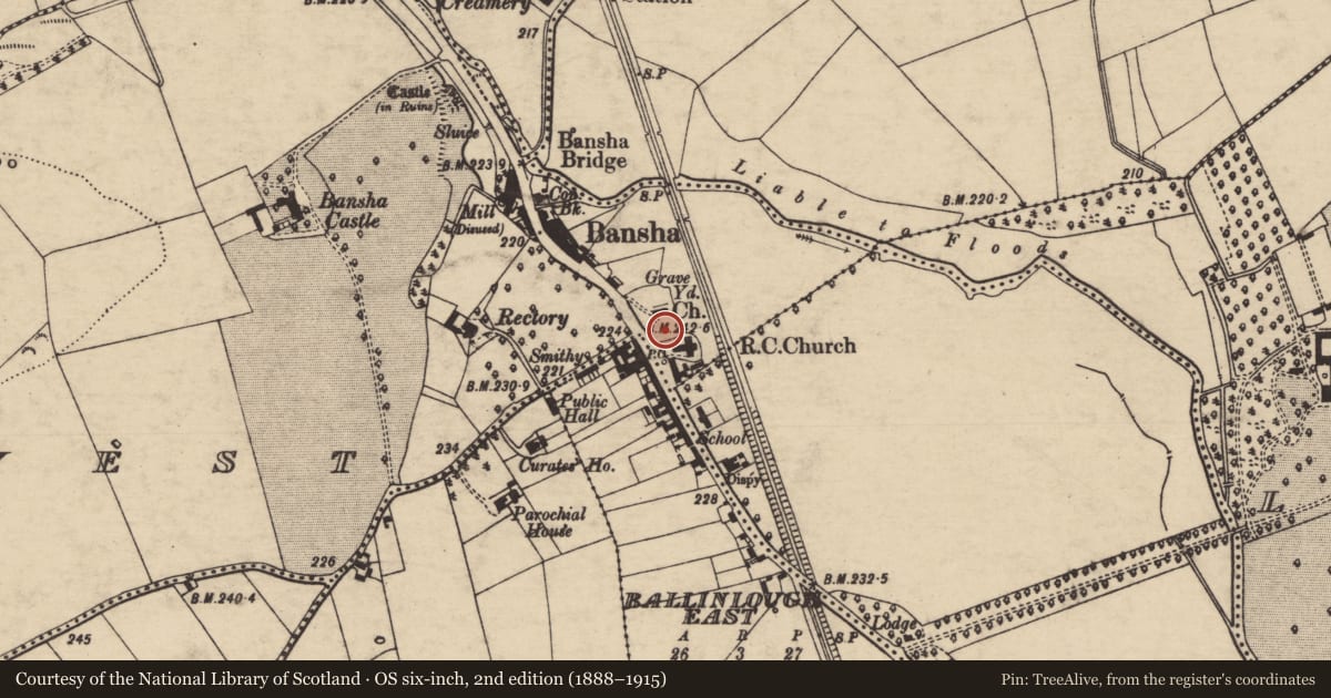 Ordnance Survey six-inch map, 2nd edition (1888–1915) covering the location of Cross-slab, Bansha West, County Tipperary South, with a pin at the register's coordinates
