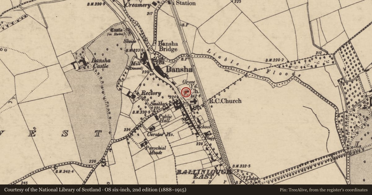 Ordnance Survey six-inch map, 2nd edition (1888–1915) covering the location of Graveslab, Bansha West, County Tipperary South, with a pin at the register's coordinates