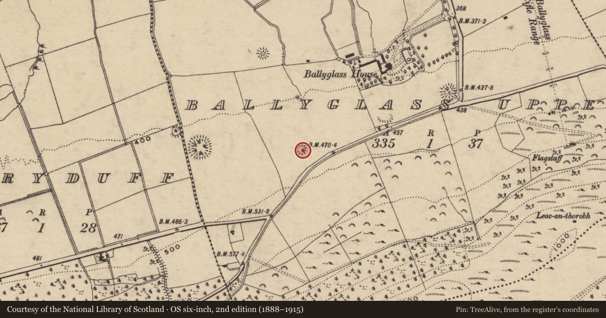 Ordnance Survey six-inch map, 2nd edition (1888–1915) covering the location of Enclosure, Ballyglass Upper (Clonpet Par.), County Tipperary South, with a pin at the register's coordinates