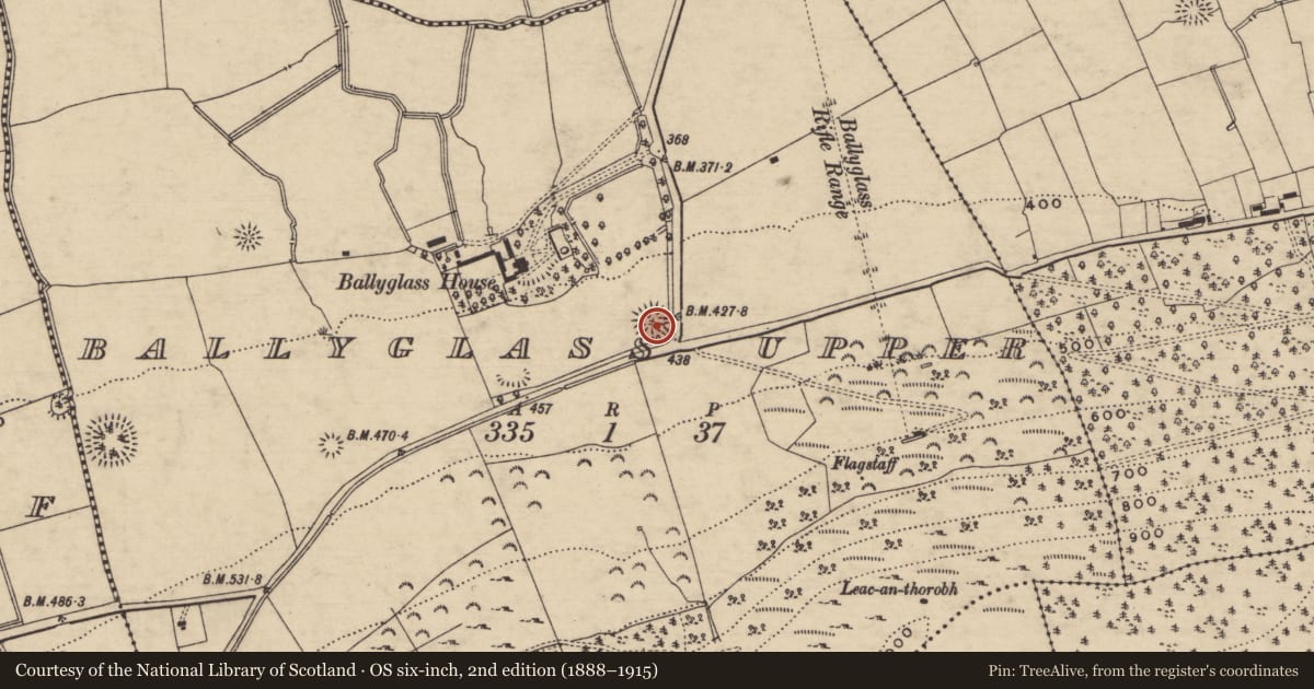 Ordnance Survey six-inch map, 2nd edition (1888–1915) covering the location of Enclosure, Ballyglass Upper (Clonpet Par.), County Tipperary South, with a pin at the register's coordinates