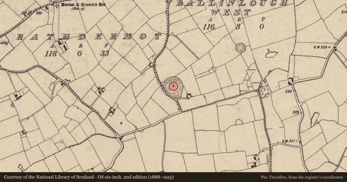 Ordnance Survey six-inch map, 2nd edition (1888–1915) covering the location of Enclosure, Ballinlough West, Rathdermot, County Tipperary South, with a pin at the register's coordinates