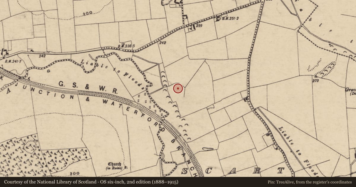 Ordnance Survey six-inch map, 2nd edition (1888–1915) covering the location of Hilltop enclosure, Scart (Killardry Par.), County Tipperary South, with a pin at the register's coordinates