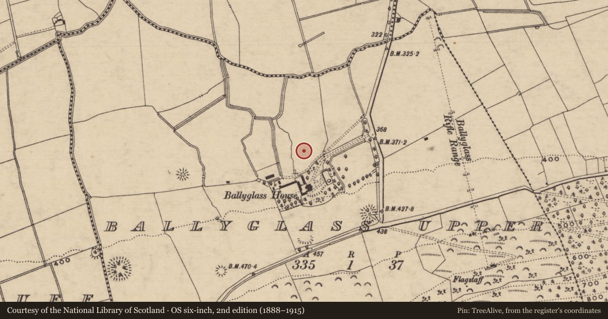 Ordnance Survey six-inch map, 2nd edition (1888–1915) covering the location of Enclosure, Ballyglass Upper (Clonpet Par.), County Tipperary South, with a pin at the register's coordinates