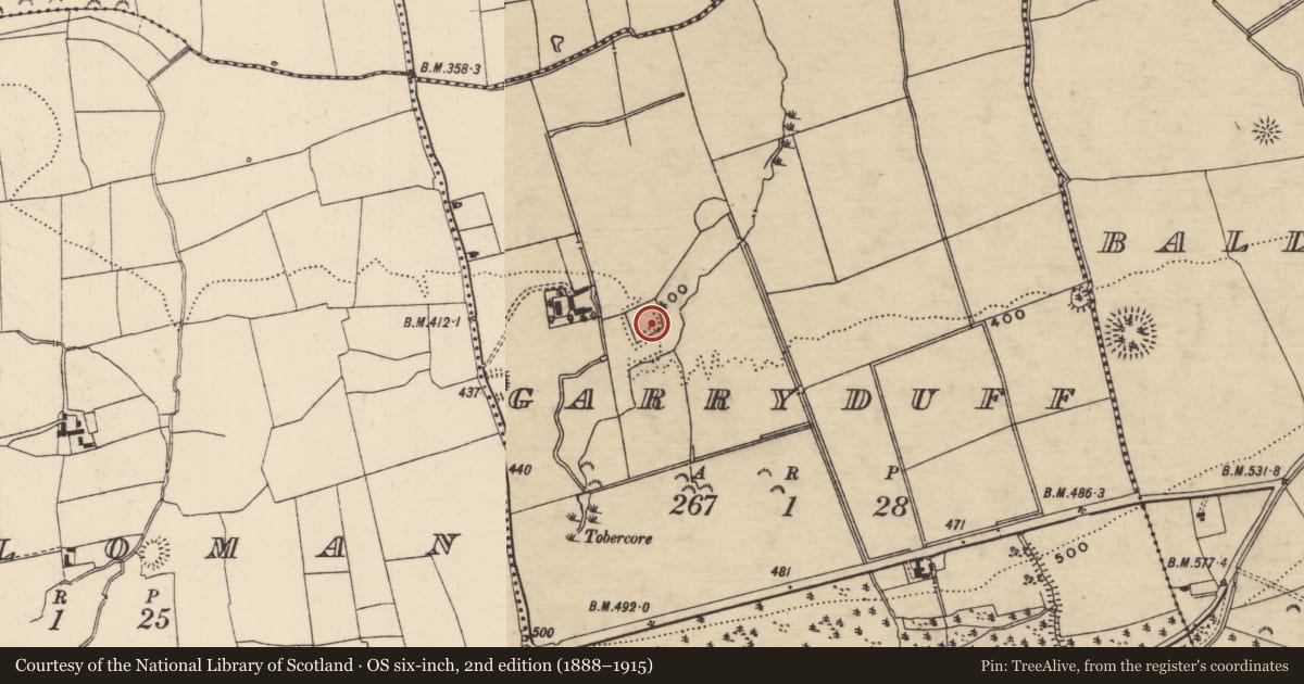 Ordnance Survey six-inch map, 2nd edition (1888–1915) covering the location of Burial ground, Garryduff (Clonpet Par.), County Tipperary South, with a pin at the register's coordinates