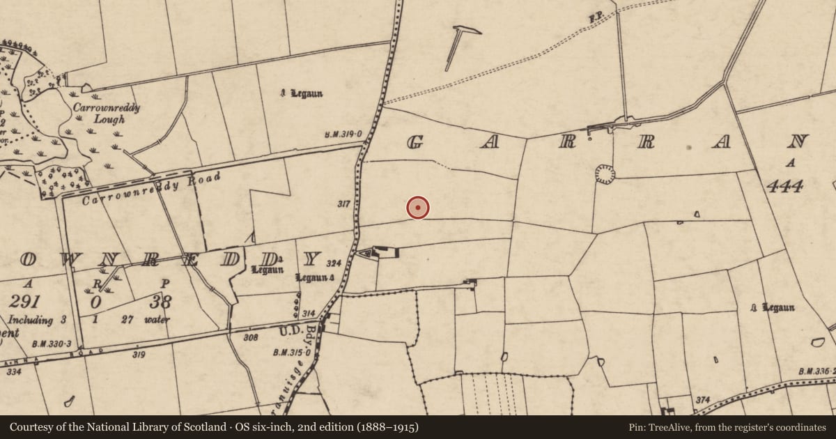 Ordnance Survey six-inch map, 2nd edition (1888–1915) covering the location of Enclosure, Garranacanty, County Tipperary South, with a pin at the register's coordinates