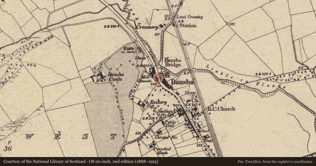 Ordnance Survey six-inch map, 2nd edition (1888–1915) covering the location of Settlement cluster, Ballinlough East, Bansha West, County Tipperary South, with a pin at the register's coordinates