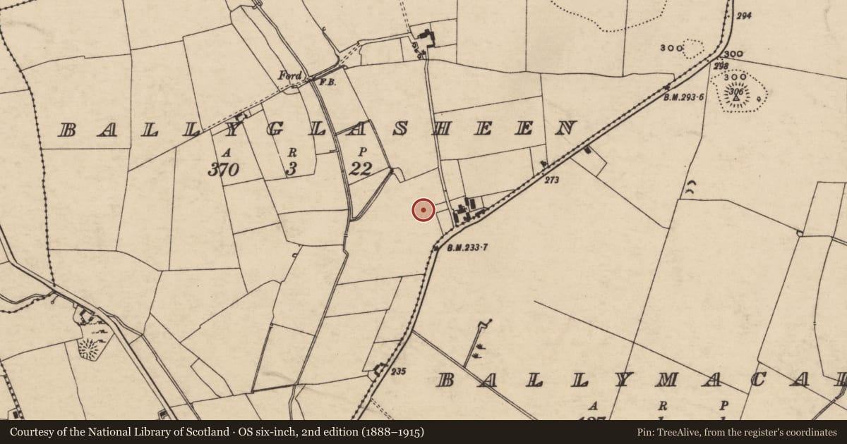 Ordnance Survey six-inch map, 2nd edition (1888–1915) covering the location of Enclosure, Ballyglasheen (Kilfeakle Par.), County Tipperary South, with a pin at the register's coordinates