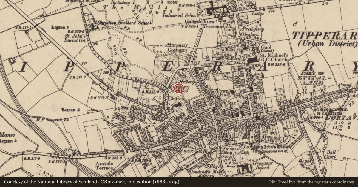 Ordnance Survey six-inch map, 2nd edition (1888–1915) covering the location of Hut site, Murgasty, County Tipperary South, with a pin at the register's coordinates