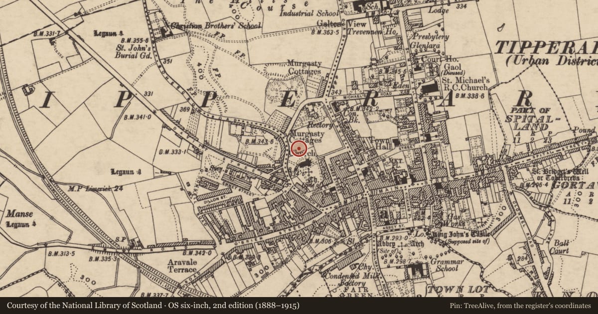 Ordnance Survey six-inch map, 2nd edition (1888–1915) covering the location of Burial ground, Murgasty, County Tipperary South, with a pin at the register's coordinates