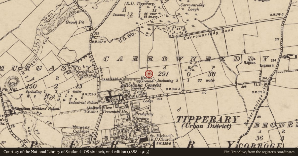 Ordnance Survey six-inch map, 2nd edition (1888–1915) covering the location of Burnt mound, Carrownreddy, County Tipperary South, with a pin at the register's coordinates