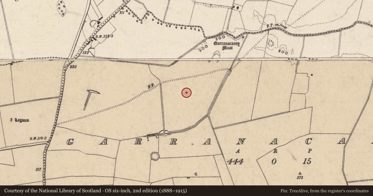 Ordnance Survey six-inch map, 2nd edition (1888–1915) covering the location of Barrow - ditch barrow, Garranacanty, County Tipperary South, with a pin at the register's coordinates