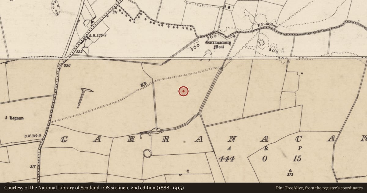Ordnance Survey six-inch map, 2nd edition (1888–1915) covering the location of Barrow - ditch barrow, Garranacanty, County Tipperary South, with a pin at the register's coordinates
