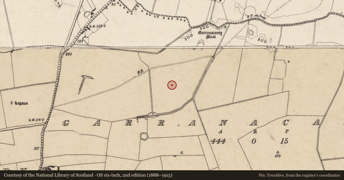 Ordnance Survey six-inch map, 2nd edition (1888–1915) covering the location of Barrow - ditch barrow, Garranacanty, County Tipperary South, with a pin at the register's coordinates
