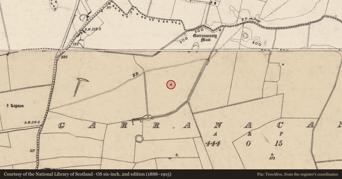 Ordnance Survey six-inch map, 2nd edition (1888–1915) covering the location of Barrow - ditch barrow, Garranacanty, County Tipperary South, with a pin at the register's coordinates