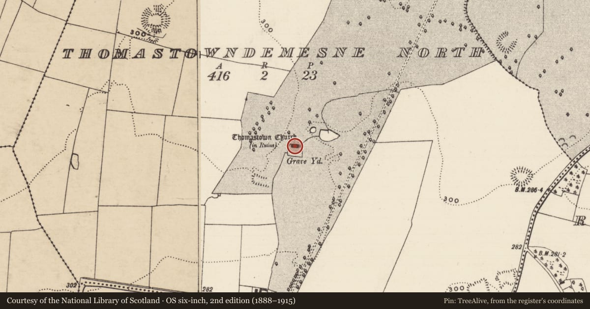 Ordnance Survey six-inch map, 2nd edition (1888–1915) covering the location of Church, Thomastown Demesne North, County Tipperary South, with a pin at the register's coordinates