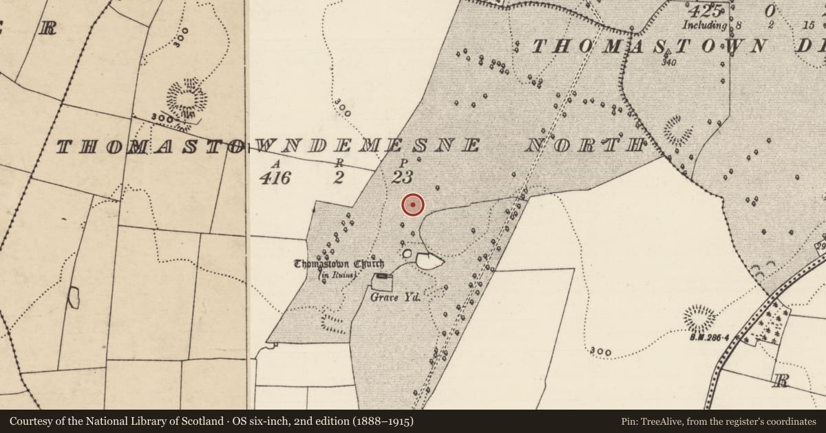 Ordnance Survey six-inch map, 2nd edition (1888–1915) covering the location of Enclosure, Thomastown Demesne North, County Tipperary South, with a pin at the register's coordinates