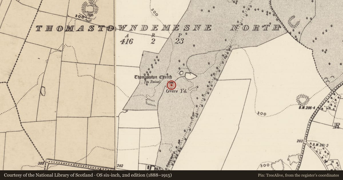 Ordnance Survey six-inch map, 2nd edition (1888–1915) covering the location of Graveyard, Thomastown Demesne North, County Tipperary South, with a pin at the register's coordinates