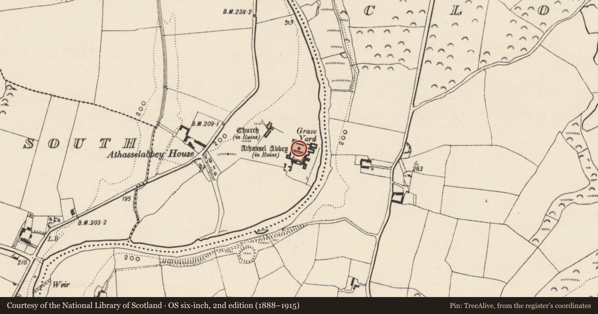 Ordnance Survey six-inch map, 2nd edition (1888–1915) covering the location of Religious house - Augustinian canons, Athasselabbey North, County Tipperary South, with a pin at the register's coordinates