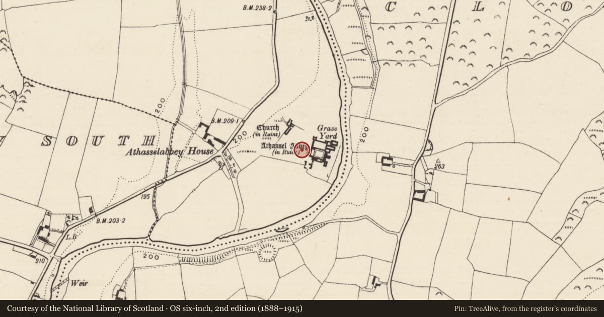 Ordnance Survey six-inch map, 2nd edition (1888–1915) covering the location of Bawn, Athasselabbey North, County Tipperary South, with a pin at the register's coordinates