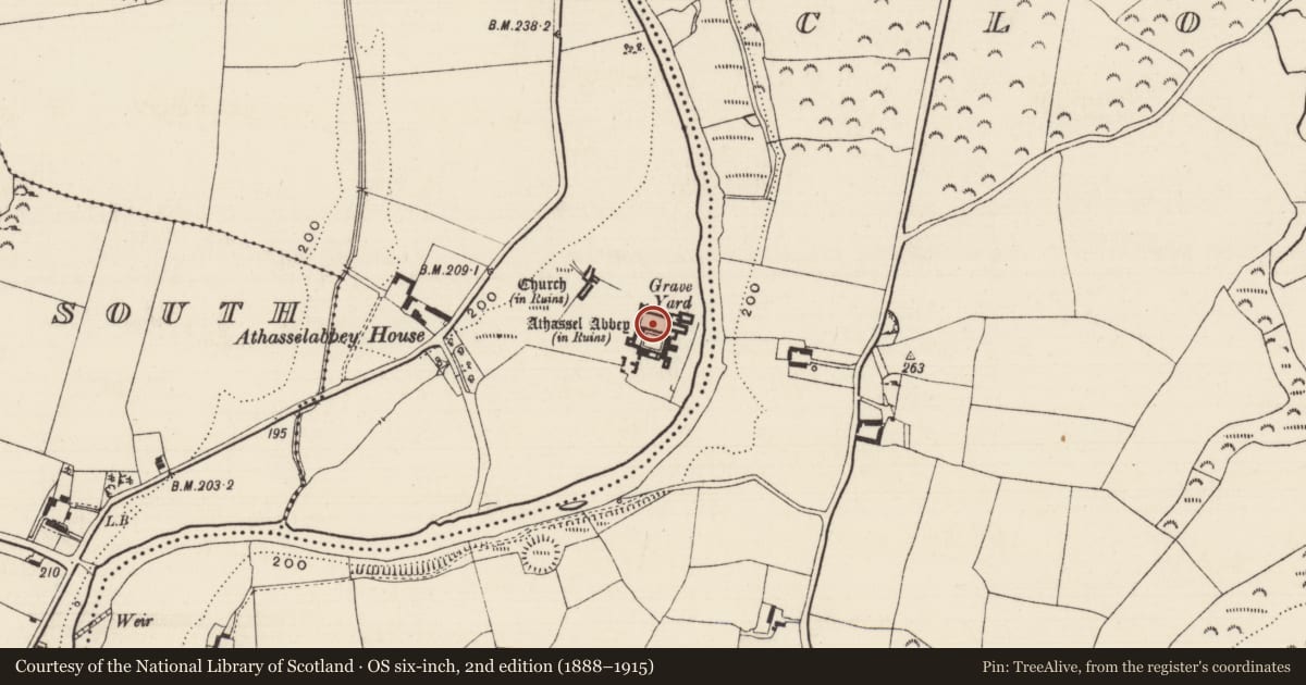 Ordnance Survey six-inch map, 2nd edition (1888–1915) covering the location of Graveyard, Athasselabbey North, County Tipperary South, with a pin at the register's coordinates