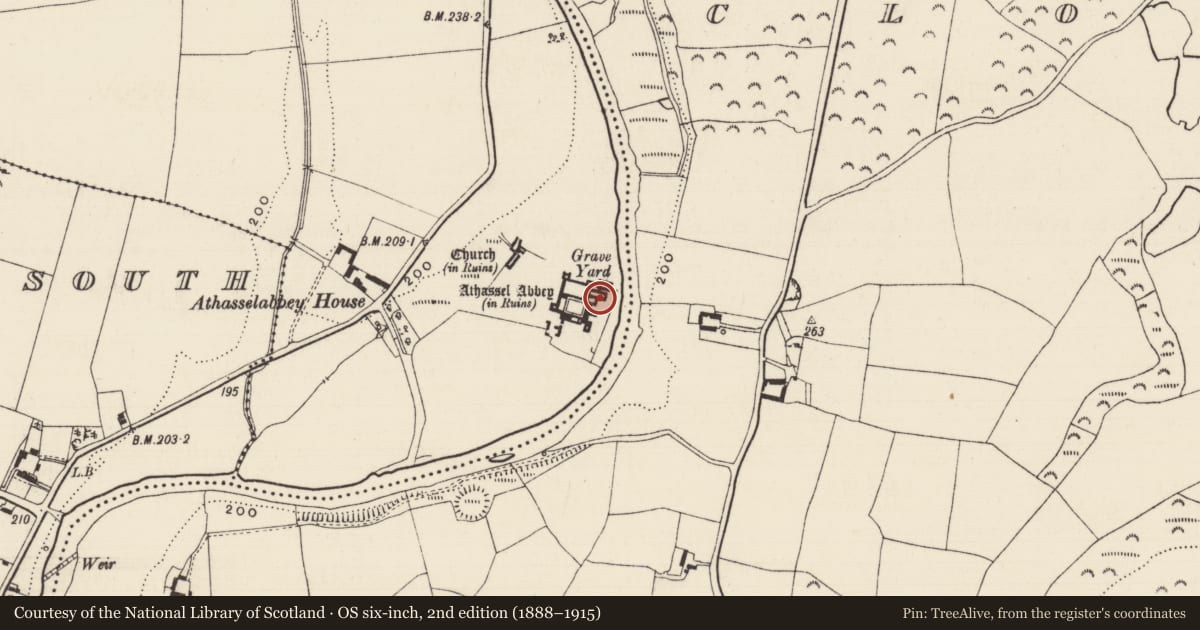 Ordnance Survey six-inch map, 2nd edition (1888–1915) covering the location of Tomb - effigial, Athasselabbey North, County Tipperary South, with a pin at the register's coordinates