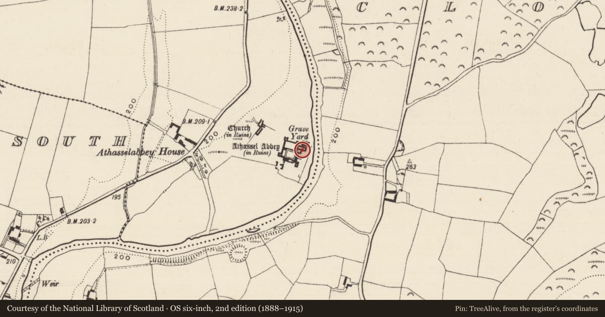 Ordnance Survey six-inch map, 2nd edition (1888–1915) covering the location of Stone sculpture, Athasselabbey North, County Tipperary South, with a pin at the register's coordinates