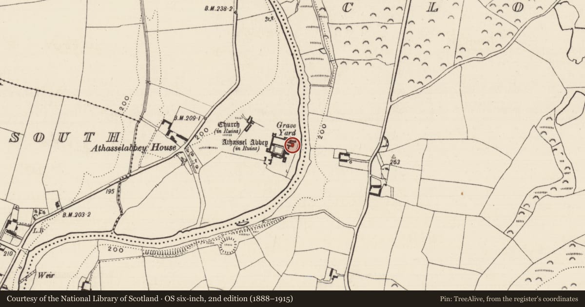 Ordnance Survey six-inch map, 2nd edition (1888–1915) covering the location of Graveslab, Athasselabbey North, County Tipperary South, with a pin at the register's coordinates