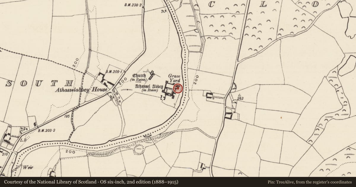 Ordnance Survey six-inch map, 2nd edition (1888–1915) covering the location of Graveslab, Athasselabbey North, County Tipperary South, with a pin at the register's coordinates