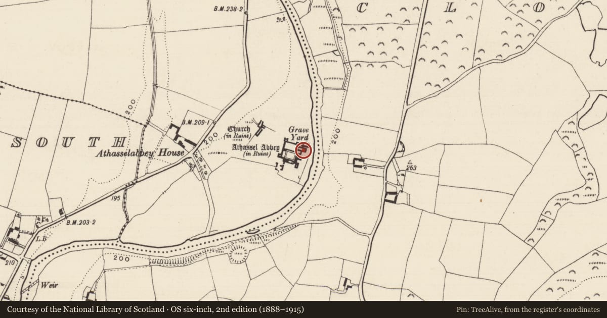 Ordnance Survey six-inch map, 2nd edition (1888–1915) covering the location of Graveslab, Athasselabbey North, County Tipperary South, with a pin at the register's coordinates
