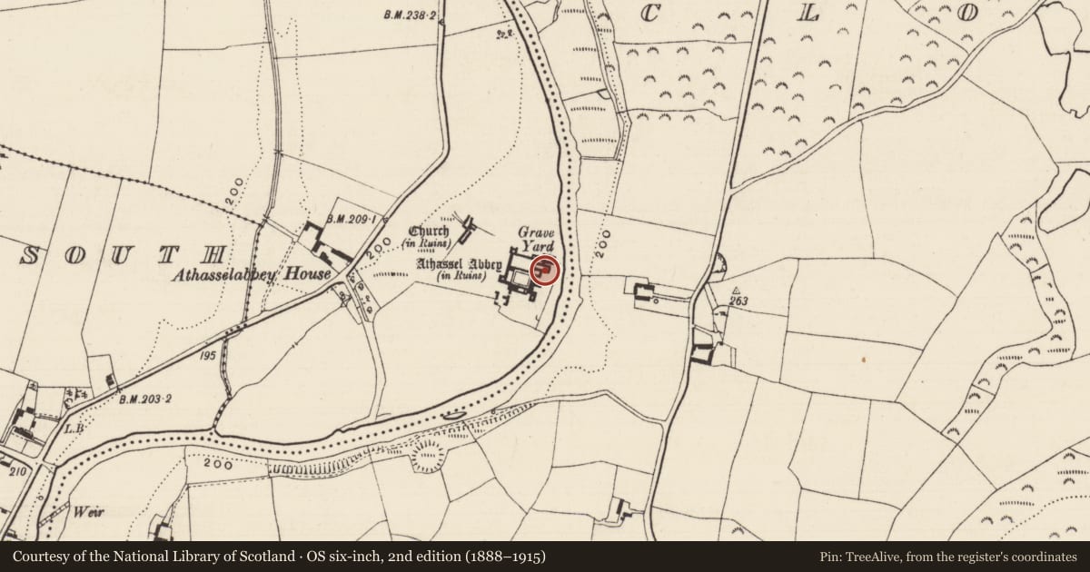 Ordnance Survey six-inch map, 2nd edition (1888–1915) covering the location of Graveslab, Athasselabbey North, County Tipperary South, with a pin at the register's coordinates