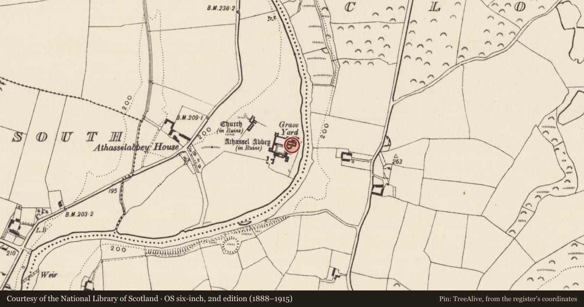 Ordnance Survey six-inch map, 2nd edition (1888–1915) covering the location of Graveslab, Athasselabbey North, County Tipperary South, with a pin at the register's coordinates