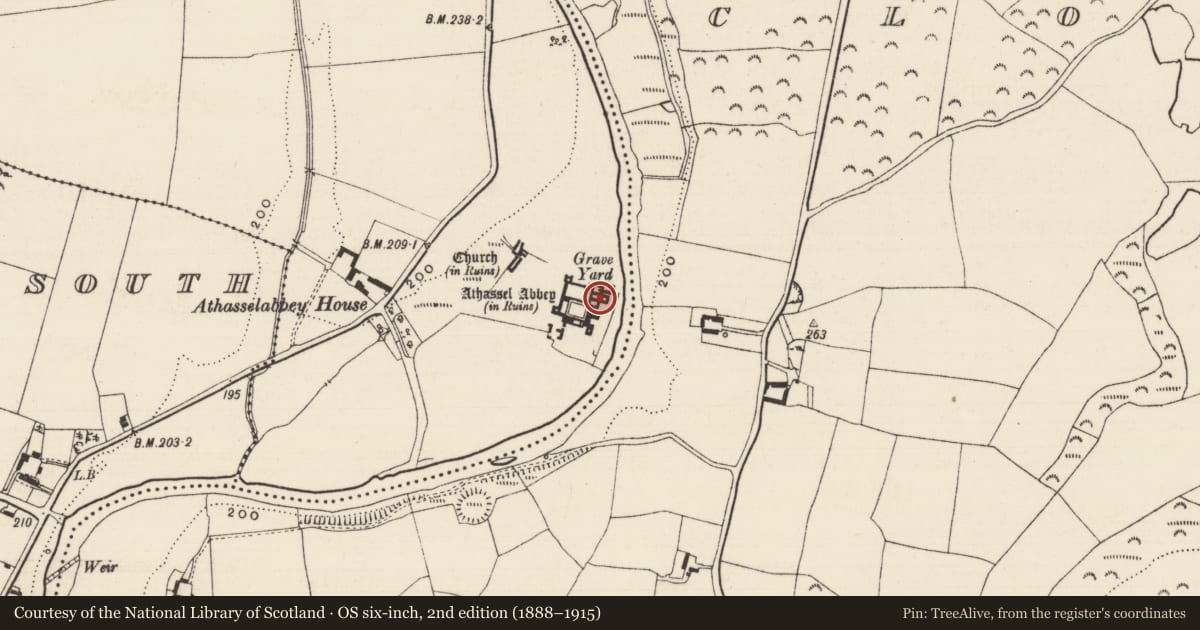 Ordnance Survey six-inch map, 2nd edition (1888–1915) covering the location of Graveslab, Athasselabbey North, County Tipperary South, with a pin at the register's coordinates