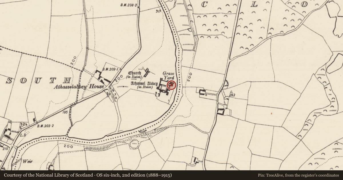 Ordnance Survey six-inch map, 2nd edition (1888–1915) covering the location of Graveslab, Athasselabbey North, County Tipperary South, with a pin at the register's coordinates