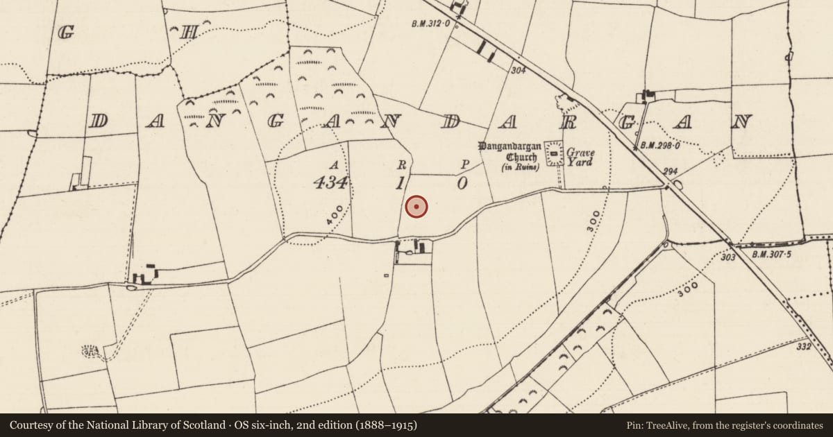 Ordnance Survey six-inch map, 2nd edition (1888–1915) covering the location of Enclosure, Dangandargan, County Tipperary South, with a pin at the register's coordinates
