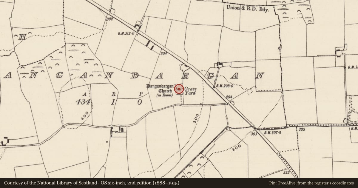 Ordnance Survey six-inch map, 2nd edition (1888–1915) covering the location of Enclosure, Dangandargan, County Tipperary South, with a pin at the register's coordinates