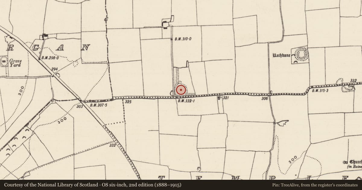 Ordnance Survey six-inch map, 2nd edition (1888–1915) covering the location of Enclosure, Shanballyduff (Dangandargan Par.), County Tipperary South, with a pin at the register's coordinates