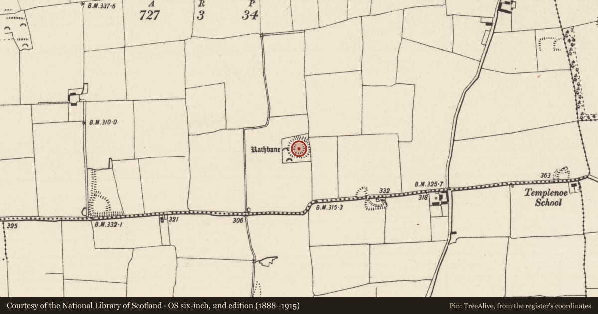 Ordnance Survey six-inch map, 2nd edition (1888–1915) covering the location of Ringfort - rath, Shanballyduff (Dangandargan Par.), County Tipperary South, with a pin at the register's coordinates