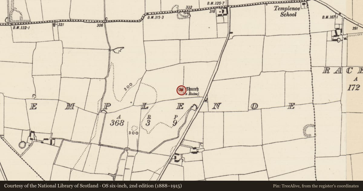 Ordnance Survey six-inch map, 2nd edition (1888–1915) covering the location of Church, Templenoe (Killeenasteena Par.), County Tipperary South, with a pin at the register's coordinates