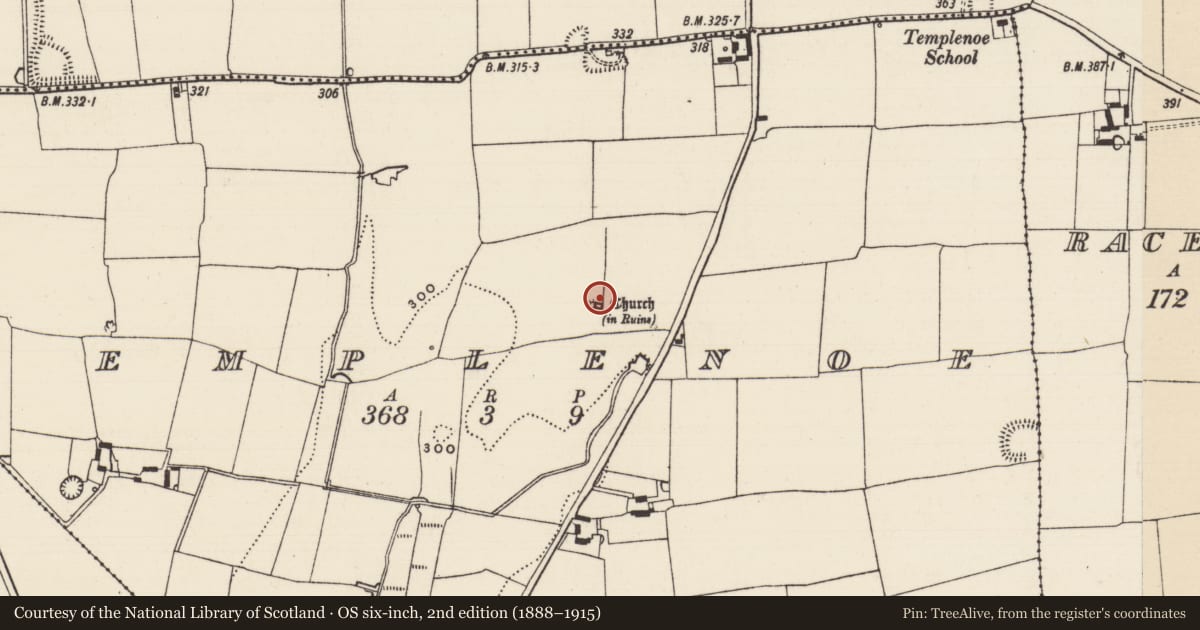 Ordnance Survey six-inch map, 2nd edition (1888–1915) covering the location of Graveyard, Templenoe (Killeenasteena Par.), County Tipperary South, with a pin at the register's coordinates
