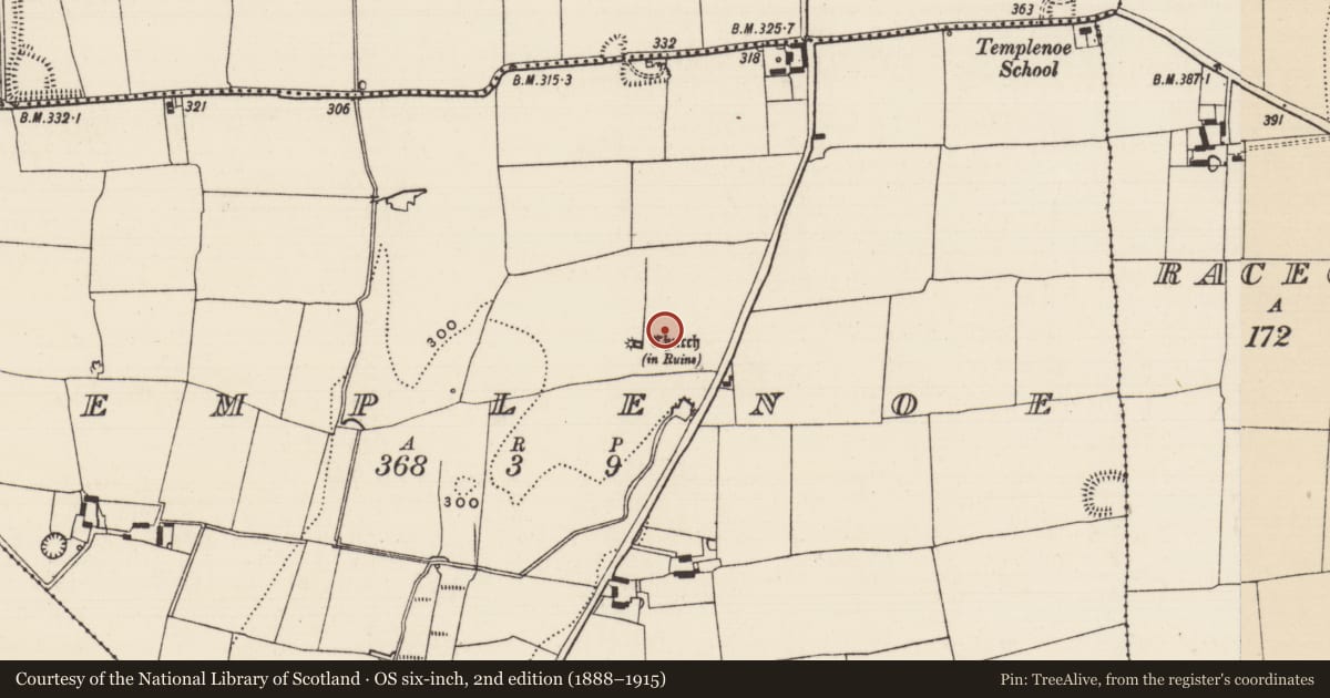 Ordnance Survey six-inch map, 2nd edition (1888–1915) covering the location of Ecclesiastical enclosure, Templenoe (Killeenasteena Par.), County Tipperary South, with a pin at the register's coordinates