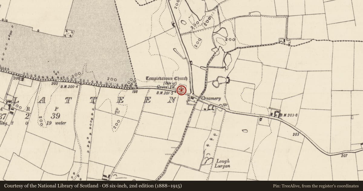 Ordnance Survey six-inch map, 2nd edition (1888–1915) covering the location of Church, Ballyslatteen, County Tipperary South, with a pin at the register's coordinates