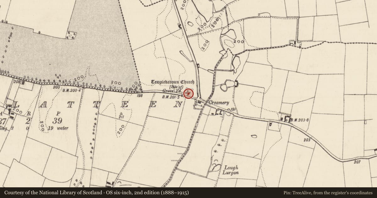 Ordnance Survey six-inch map, 2nd edition (1888–1915) covering the location of Graveyard, Ballyslatteen, County Tipperary South, with a pin at the register's coordinates