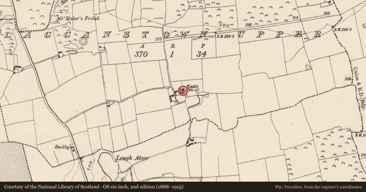 Ordnance Survey six-inch map, 2nd edition (1888–1915) covering the location of Castle - unclassified, Lagganstown Upper, County Tipperary South, with a pin at the register's coordinates