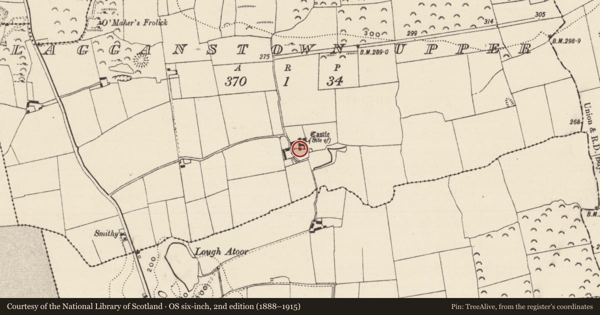 Ordnance Survey six-inch map, 2nd edition (1888–1915) covering the location of Bawn, Lagganstown Upper, County Tipperary South, with a pin at the register's coordinates